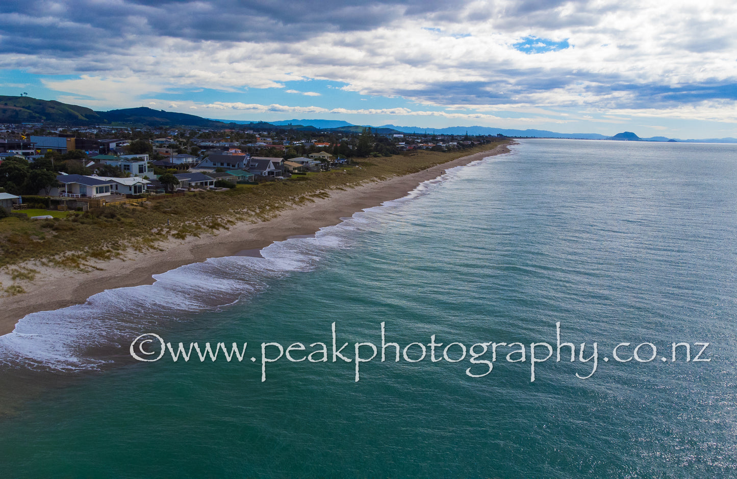 Papamoa Beach with Mount Maunganui in the distance - Choose your Size